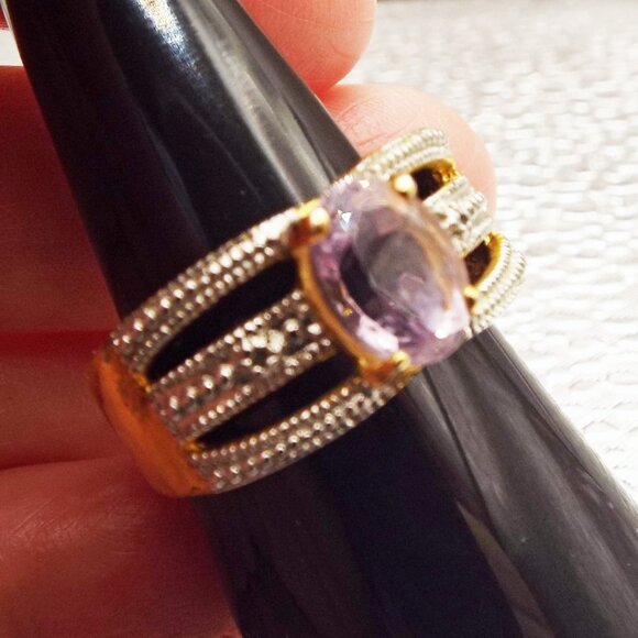 STERLING GOLD VERMEIL GRANULATED PINK CUSHION CUT CRYSTAL SIZE 8 RING 56 - Picture 2 of 3